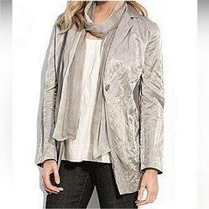 EILEEN FISHER Women's Cotton Long Steel Satin Blazer Jacket Silver Rumple Small